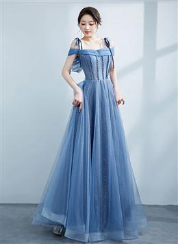 Picture of Blue Shiny Tulle Off Shoulder Beaded Straps A-line Party Dresses, Blue Long Prom Dresses